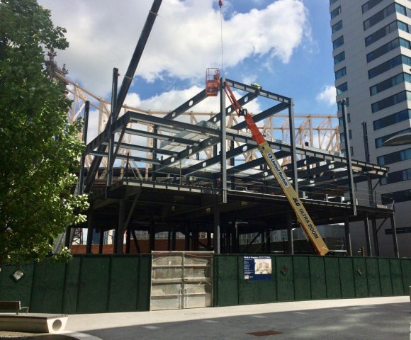 August 2018, Roosevelt, the Island of Construction A conference center and hotel are rising above the Cornell Tech campus entrance.